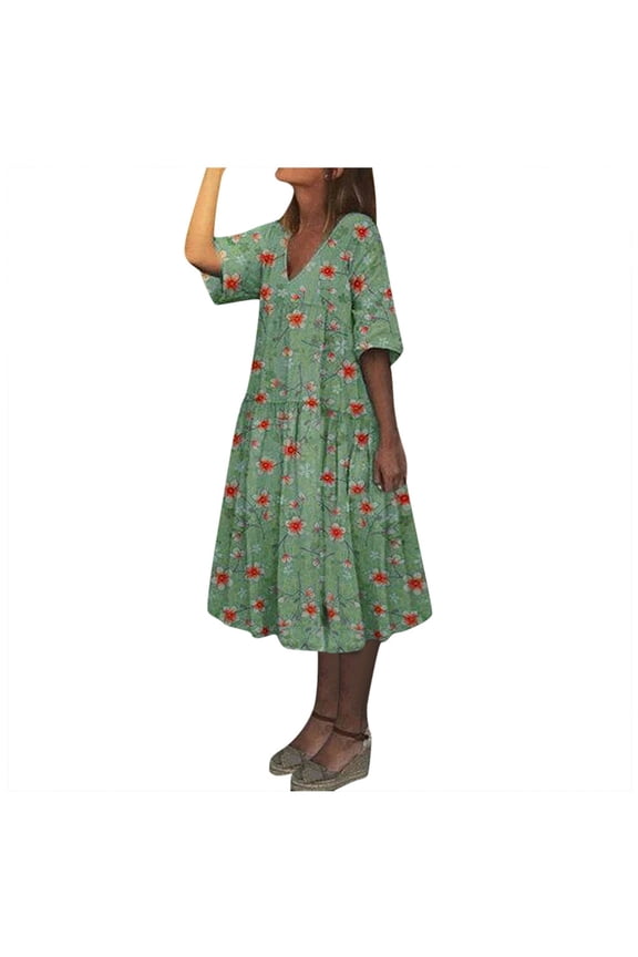Dyegold Sundresses for Women Casual Beach - Women's Maxi Dresses V Neck Short Sleeve Boho Plus Size Floral Print A-Line Swing Long Casual Graduation ​​Sun Dress