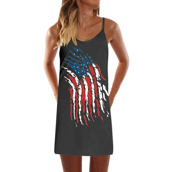 Dyegold Sundresses for Women Casual Beach - Women's Mini Cocktail Dresses V Neck Sleeveless American Flag 4th July Spaghetti Strap Tshirt Vacation Sundress