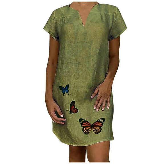 Dyegold Sundresses for Women Casual Beach - Women's Sundresses V-Neck Short Sleeve Plus Size Floral Print Midi Sun Dresses ​Loose Flowy Swing ​Evening ​Dresses