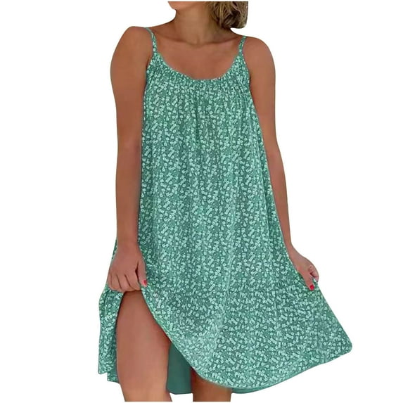 Dyegold Sundresses for Women Casual Beach - Womens Cocktail Dress Loose Round Neck Sleeveless Floral Print Sling Midi Sundresses Casual Flowy Graduation Dress