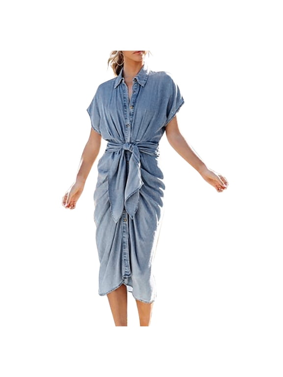 Dyegold Sundresses for Women Casual Beach - Womens Dresses Button Down Collared Short Sleeve Ruched Wrap Denim Bodycon Casual Holiday Formal Maxi Sun Dresses