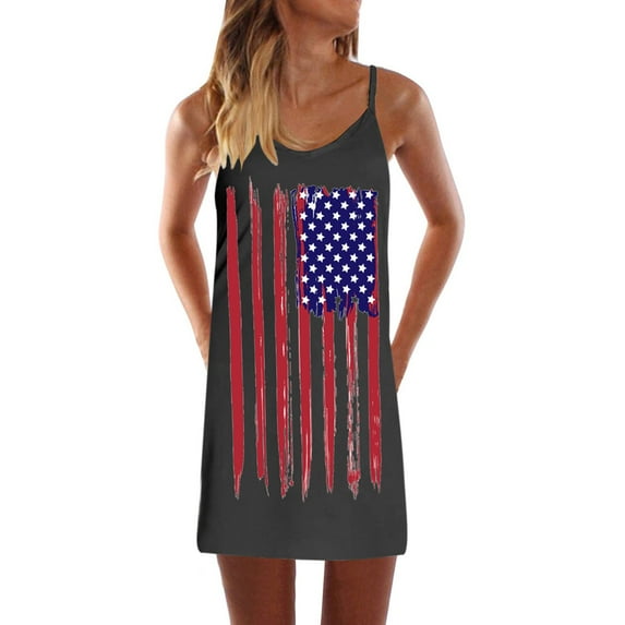 Dyegold Sundresses for Women Casual Beach - Women's Mini Cocktail Dresses V Neck Sleeveless American Flag 4th July Spaghetti Strap Tshirt Vacation Sundress