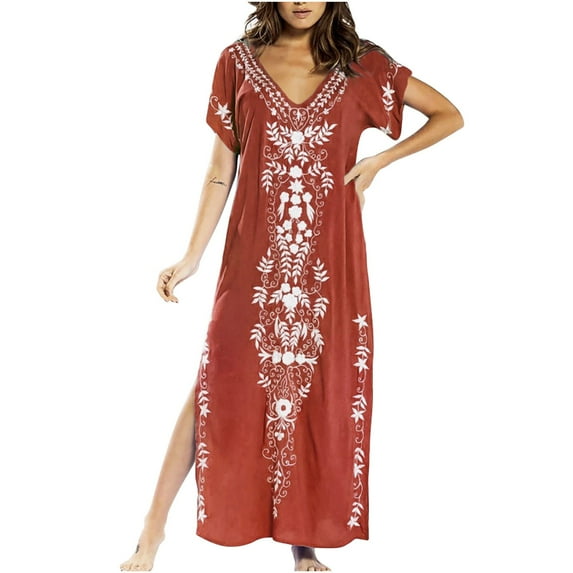Dyegold Sundresses for Women Casual Beach - Womens Maxi Long Sundresses V-Neck Short Sleeve Boho Side Slit Floral Print Flowy Swing Loose Trendy Gown Dress