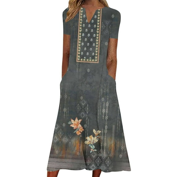 Dyegold Sundresses for Women Casual Beach - Womens Summer Dresses V-Neck Short Sleeve Vintage Floral Print Plus Size Maxi Sun Dress ​Summer Beach ​Holiday ​Dresses