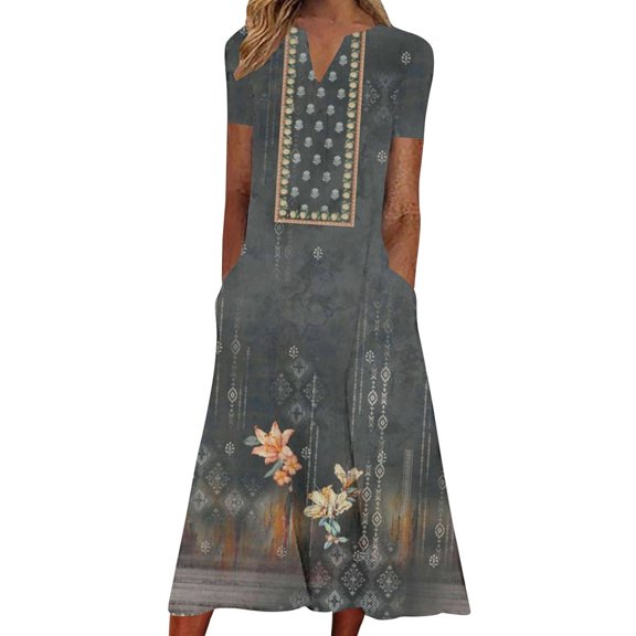 Dyegold Sundresses for Women Casual Beach - Womens Summer Dresses V-Neck Short Sleeve Vintage Floral Print Plus Size Maxi Sun Dress Summer Beach Holiday Dresses