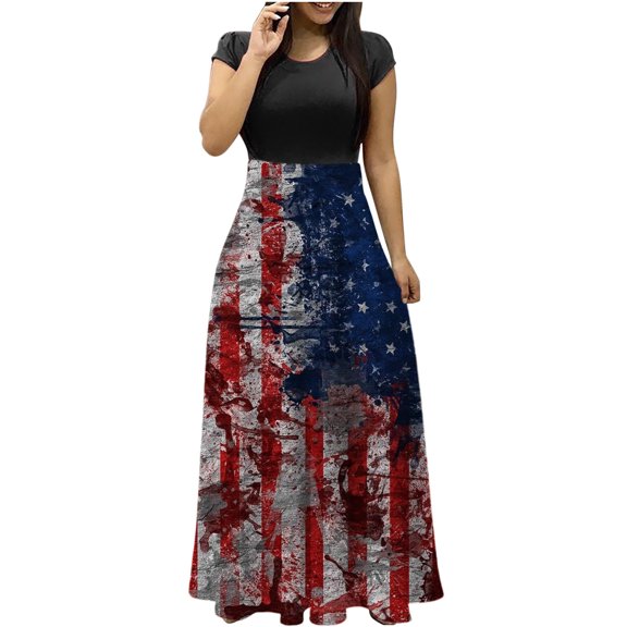 Dyegold Sundresses for Women Casual Summer - Beach Dress Womens Round Neck Short Sleeve American Flag Patriotic Casual Loose Flowy Swing Party Maxi ​​Sun Dresses