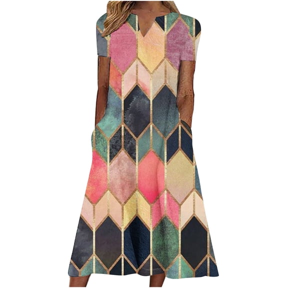 Dyegold Sundresses for Women Casual Summer - Plus Size Summer Dresses Womens Curved V-Neck Short Sleeve Daisy Print Long Loose Flowy Swing Casual Maxi ​​Sundress