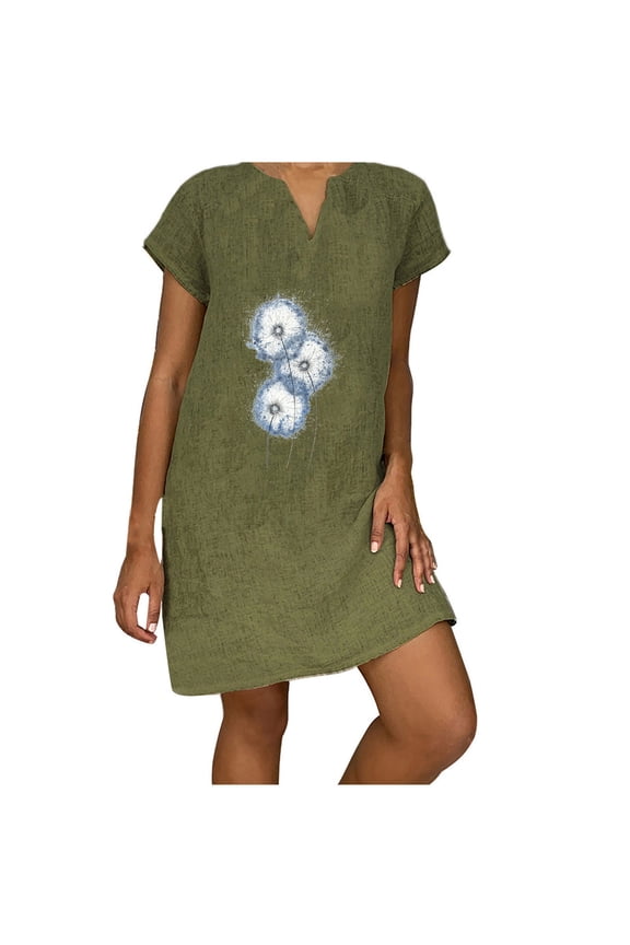 Dyegold Sundresses for Women Casual Summer - Sun Dress Womens V Neck Short Sleeve Dandelion Print Cotton Linen Plus Size Graduation Midi ​​ T Shirt Sun Dresses