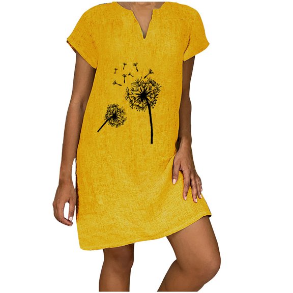 Dyegold Sundresses for Women Casual Summer - Sun Dress Womens V Neck Short Sleeve Dandelion Print Cotton Linen Plus Size Graduation Midi ​​ T Shirt Sun Dresses