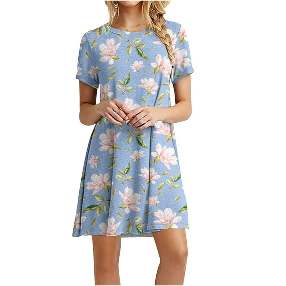 Dyegold Sundresses for Women Casual Summer - Sun Dresses Women Summer Casual Round Neck Short Sleeve Floral Printed Flowy Swing Party Midi Tshirt Sun Dress