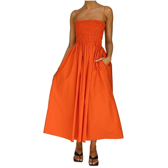 Dyegold Sundresses for Women Casual Summer - Wedding Guest Dress Womens Off Shoulder Strapless Sleeveless Ruffle Pleated Tiered A-Line Flowy Casual Maxi Dress