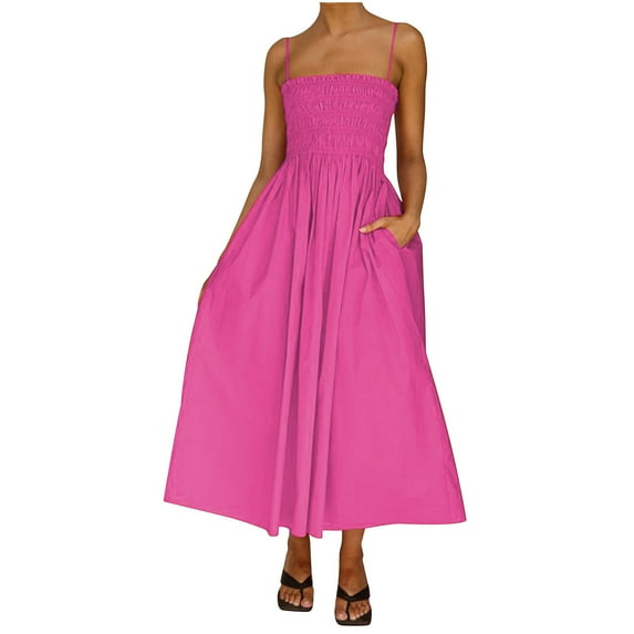 Dyegold Sundresses for Women Casual Summer - Wedding Guest Dress Womens Off Shoulder Strapless Sleeveless Ruffle Pleated Tiered A-Line Flowy Casual Maxi Dress
