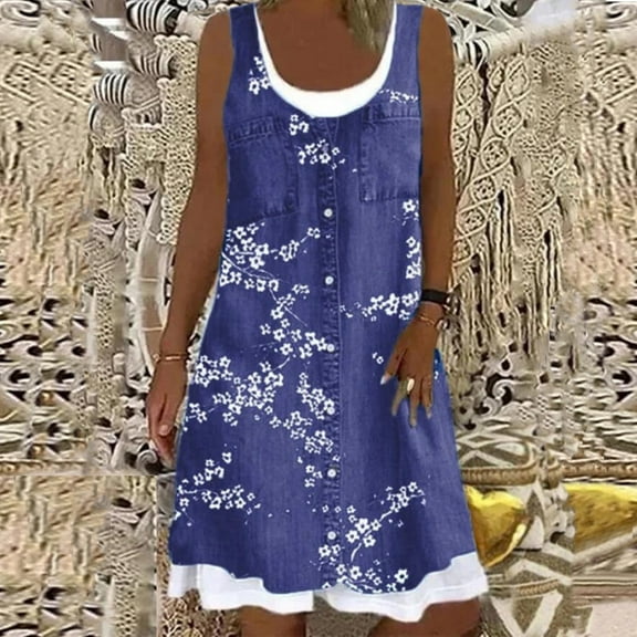 Dyegold Sundresses for Women Plus Size Plus Size Summer Dresses for Women Beach U-Neck Sleeveless Fake Two Pieces Dress Party T-Shirt Midi Loose Dress