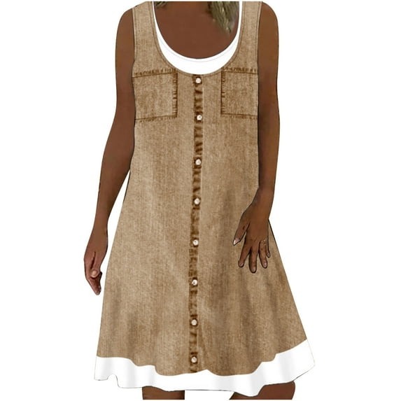 Dyegold Sundresses for Women Casual Beach - Dresses for Women 2023 Plus Size Sleeveless Fake Denim Two-Piece Midi Sundress Loose Fit Summer Birthday Dresses