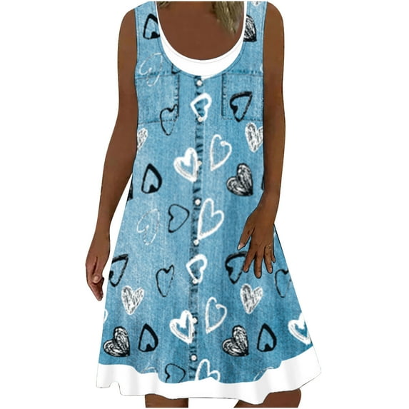 Dyegold Sundresses for Women Plus Size Plus Size Summer Dresses for Women Beach U-Neck Sleeveless Fake Two Pieces Dress Party T-Shirt Midi Loose Dress