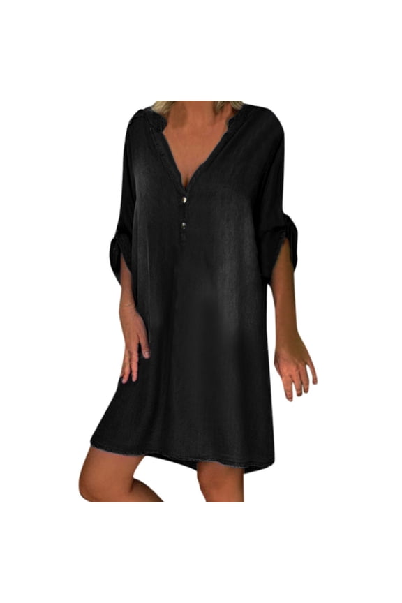 Sundresses for Women Plus Size Summer Denim Shirt Dresses for Womens Short Sleeve Loose Jean Midi Dress Button Down Casual Shift Dress Tunic Top