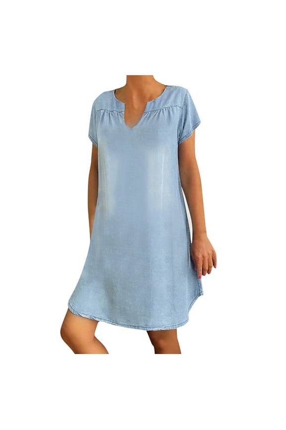 Dyegold Sundresses for Women Plus Size Summer Denim Shirt Dresses for Womens Short Sleeve Loose Jean Midi Dress Button Down Casual Shift Dress Tunic Top