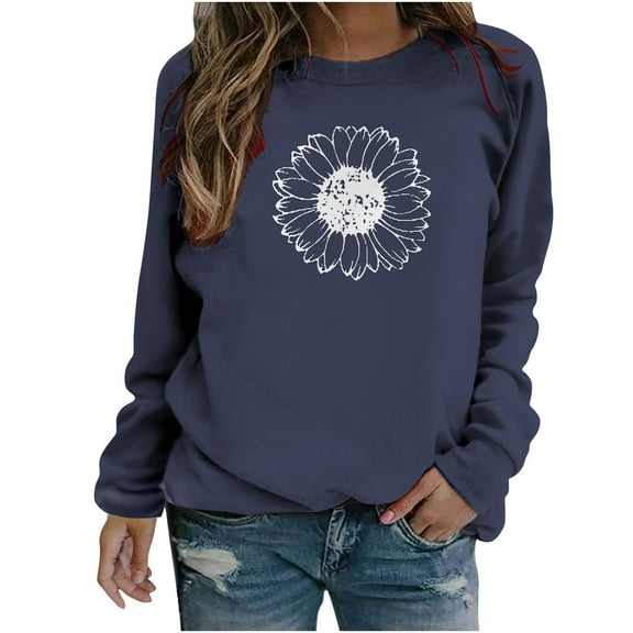 Dyegold Sweatshirt For Women Fall Casual Long Sleeve Shirts Loose Trendy Sunflower Graphic Pullover Top Cute Crewneck Blouse