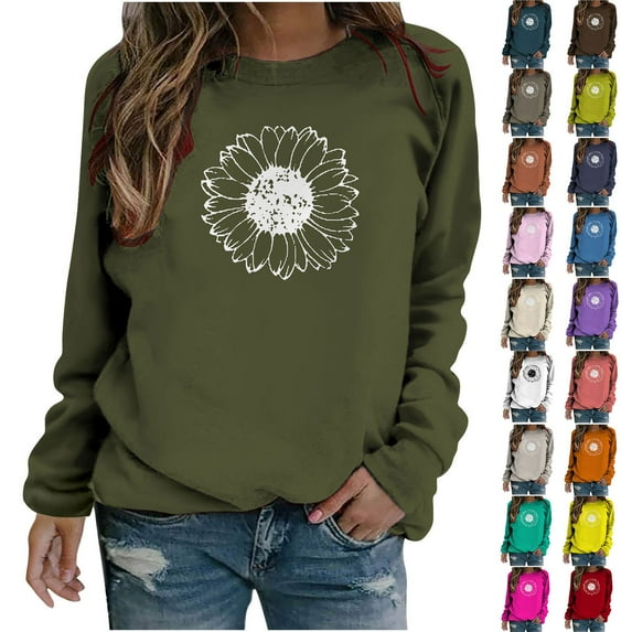 Dyegold Sweatshirt For Women Fall Casual Long Sleeve Shirts Loose Trendy Sunflower Graphic Pullover Top Cute Crewneck Blouse