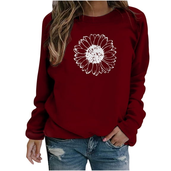 Dyegold Sweatshirt For Women Fall Casual Long Sleeve Shirts Loose Trendy Sunflower Graphic Pullover Top Cute Crewneck Blouse