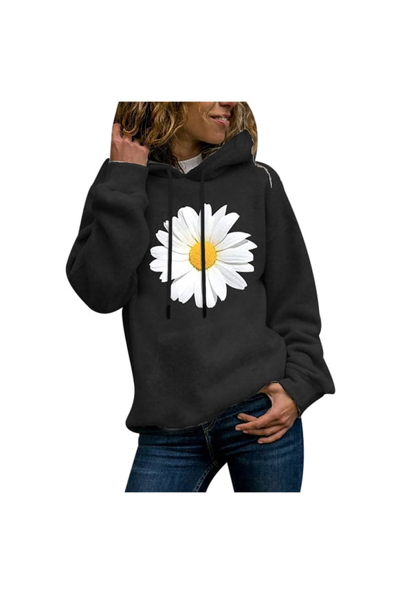 Dyegold Sweatshirts For Women Loose Fit Trendy Casual Fleece Sweater Daisy Printed Ladies Long Sleeve Pullover Graphic Oversized Loose Hoodie Hooded Winter Outfits Athletic Teen Girls Jacket