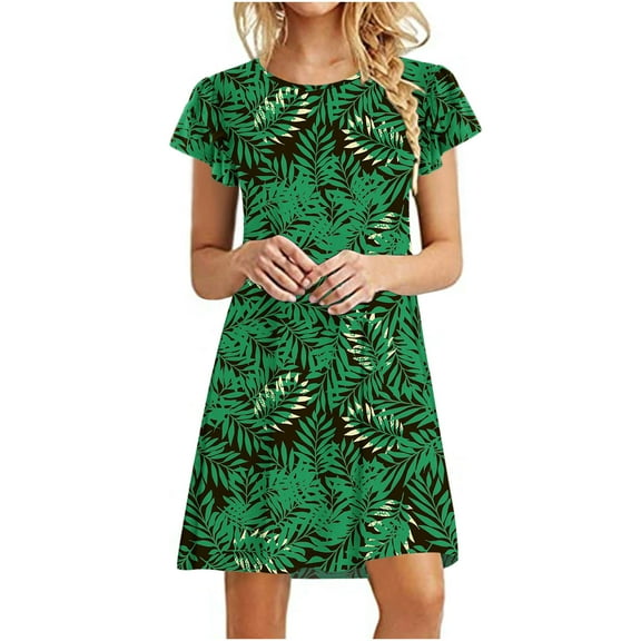 Dyegold T Shirt Dress for Women Round Neck Tunic Dress Casual Loose Summer Short Sleeve Flowy Swing Shift Dress Boho Floral