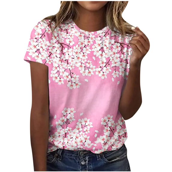 Dyegold T Shirts For Women Loose Fit Short Sleeve Round Neck Floral Print Graphic Tee Tops Summer Casual Vintage Blouses