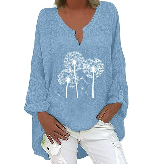 Dyegold T-Shirts for Women Trendy,Summer Women's Linen Cotton Tshirt Tops Vintage Trendy Casual Loose Fit Tunic Tees Long Sleeve Plus Size V Neck Blouses