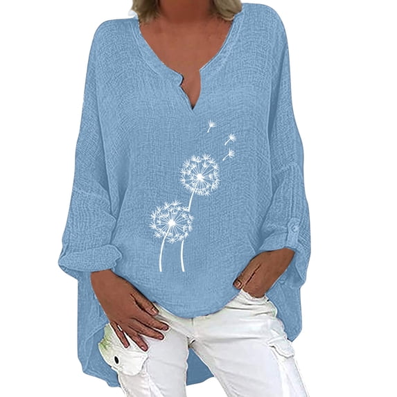 Dyegold T-Shirts for Women Trendy,Summer Women's Linen Cotton Tshirt Tops Vintage Trendy Casual Loose Fit Tunic Tees Long Sleeve Plus Size V Neck Blouses