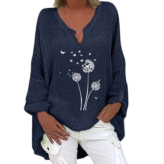 Dyegold T-Shirts for Women Trendy,Summer Women's Linen Cotton Tshirt Tops Vintage Trendy Casual Loose Fit Tunic Tees Long Sleeve Plus Size V Neck Blouses