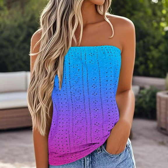 Dyegold T-Shirts for Women Trendy,Women's Tube Tops Gradient Bandeau Ombre Strapless Shirt Sleeveless Backless Tanks Blouse