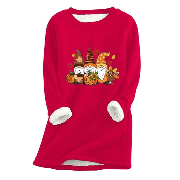 Dyegold Thermal Clothes For Women Teen Girls Casual Thick Fluffy Sweatshirt Warm Ladies Thanksgiving Pullover Long Sleeve Sherpa Lined Graphic Tops Gnomes Winter Undershirt Savings Loungewear
