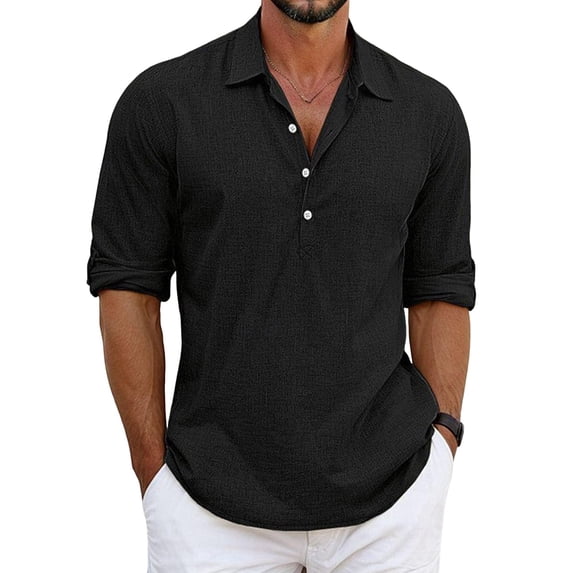 Classic Shirts Mens Linen Long Sleeve Button-Up Lapel Shirts Casual Summer Beach Shirt