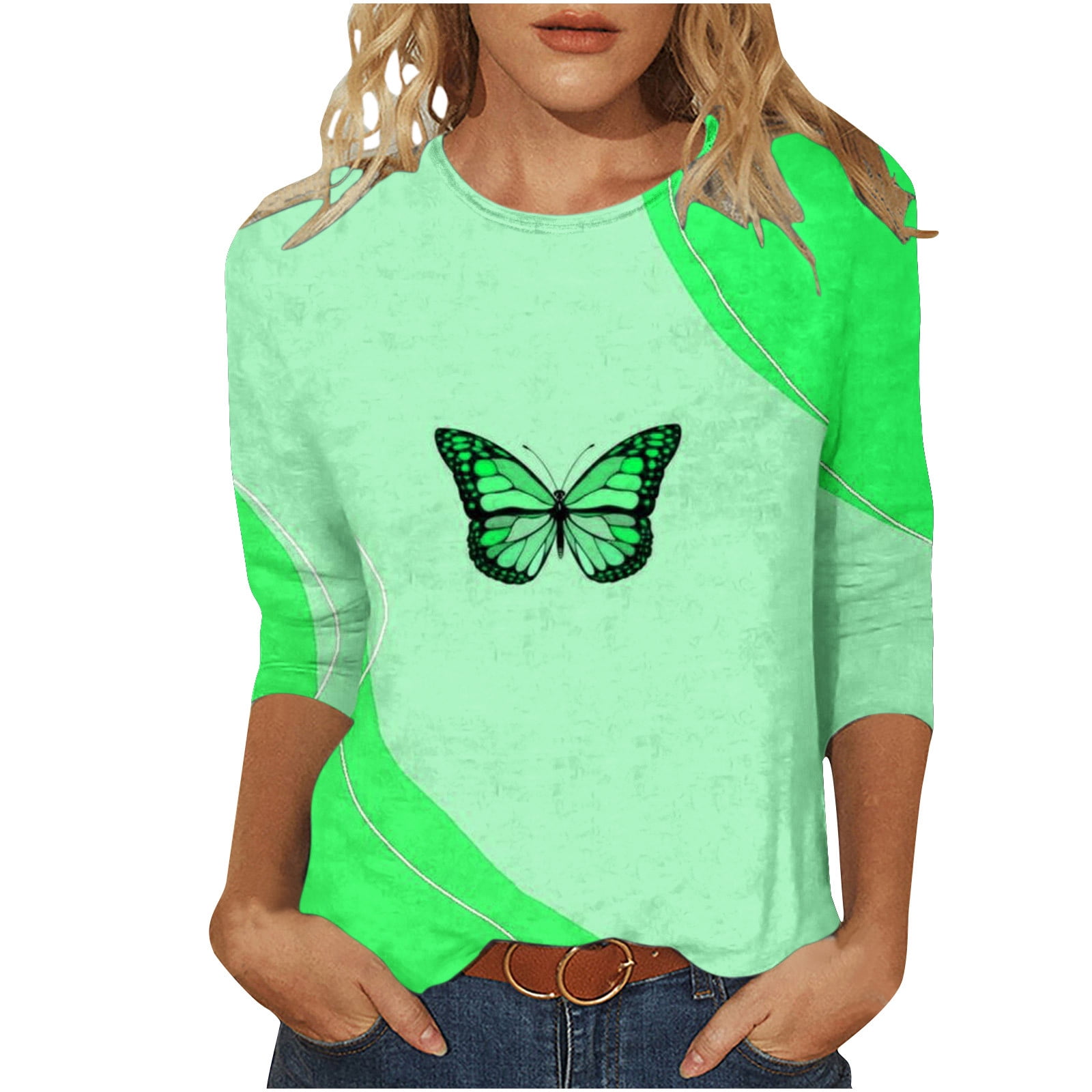 Dyegold Tunic Tops With 3 4 Sleeves Ladies Buterfly Print Crewneck Dyegold Tunic Tops With 3 4 Sleeves Ladies Buterfly Print Crewneck
