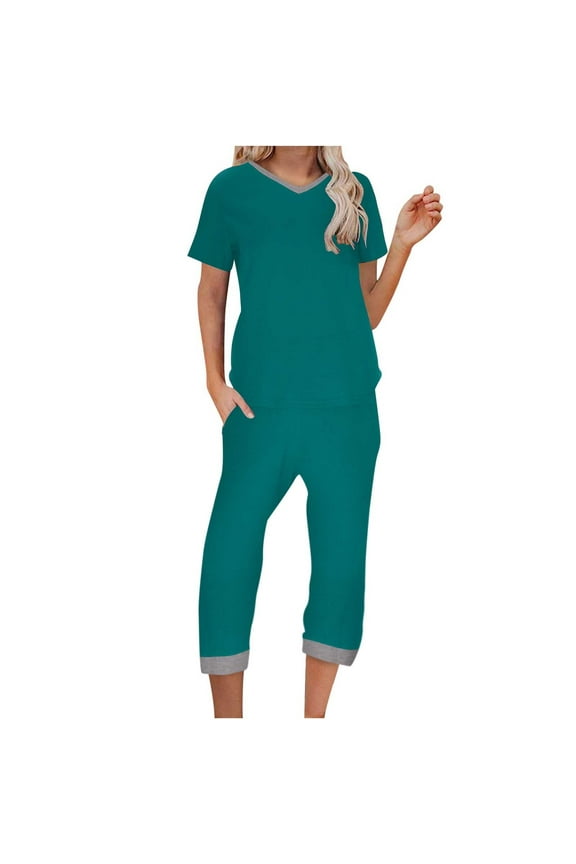 Dyegold Two Piece Outfits For Women Summer Floral Round Neck Short Sleeve Tops Capris Pants Outfits Jogger Tracksuit Sets