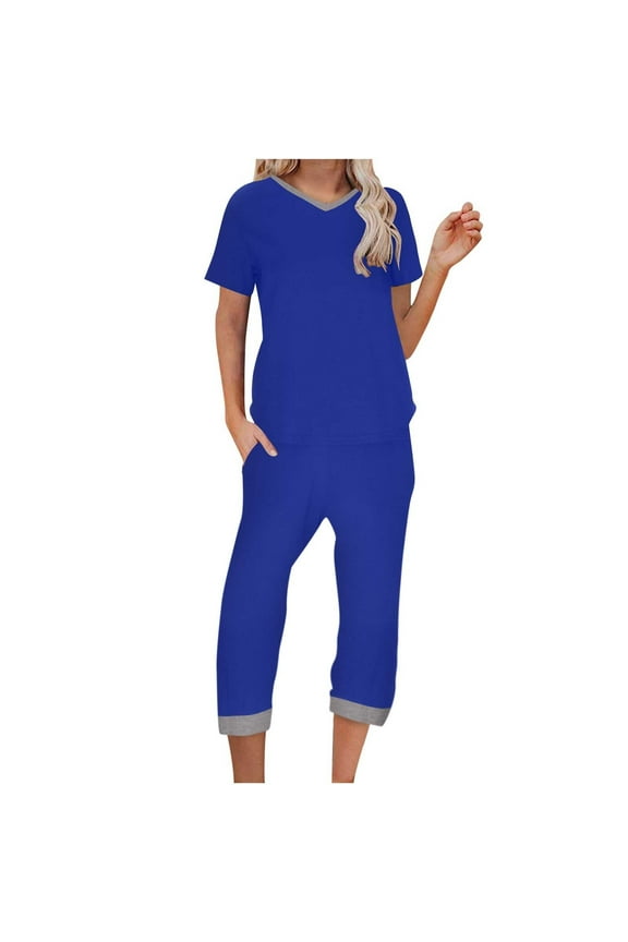 Dyegold Two Piece Outfits For Women Summer Floral Round Neck Short Sleeve Tops Capris Pants Outfits Jogger Tracksuit Sets