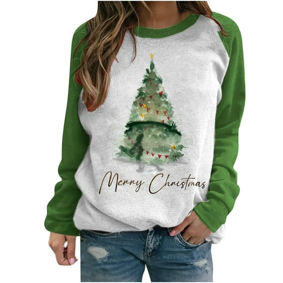 Dyegold Ugly Christmas Sweater For Women Weekly Holiday Blouse Plus Size Novelty Casual Graphic Shirts Funny Teen Girls Sweater Cute Ladies Hoodie Crewneck Xmas Tree Merry Christmas Sweatshirt