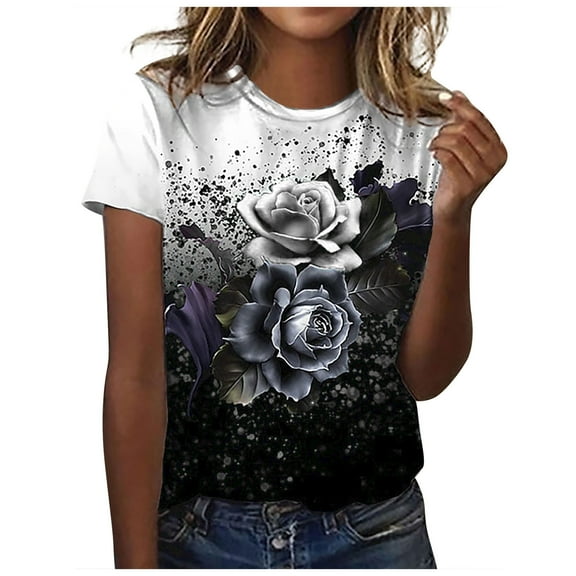Dyegold Vintage Tees For Women Floral Print Short Sleeve Crewneck Tops Shirts Plus Size Retro Graphic Tshirts Casual Blouse
