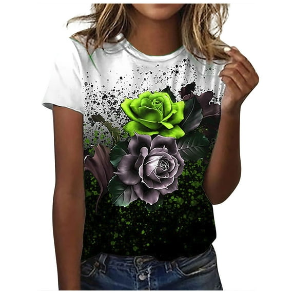 Dyegold Vintage Tees For Women Floral Print Short Sleeve Crewneck Tops Shirts Plus Size Retro Graphic Tshirts Casual Blouse