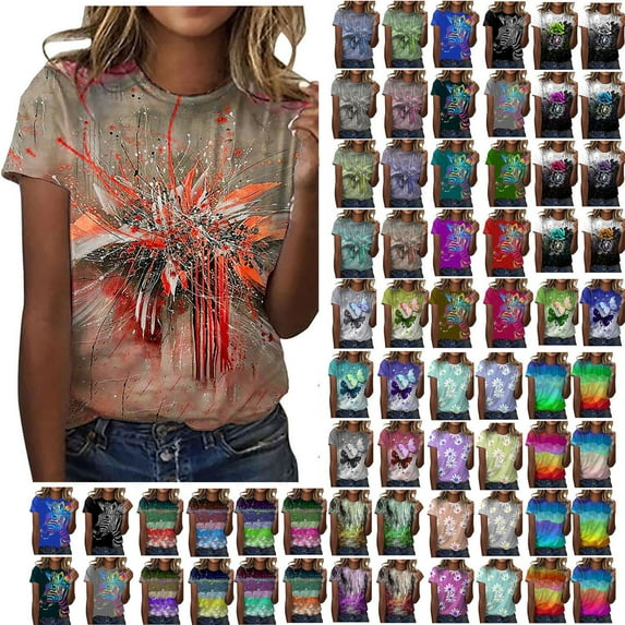 Dyegold Vintage Tees For Women Floral Print Short Sleeve Crewneck Tops Shirts Plus Size Retro Graphic Tshirts Casual Blouse