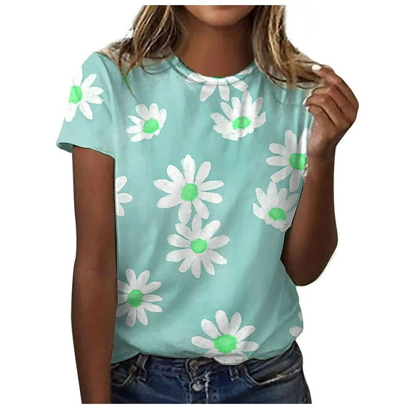Dyegold Vintage Tees For Women Floral Print Short Sleeve Crewneck Tops Shirts Plus Size Retro Graphic Tshirts Casual Blouse