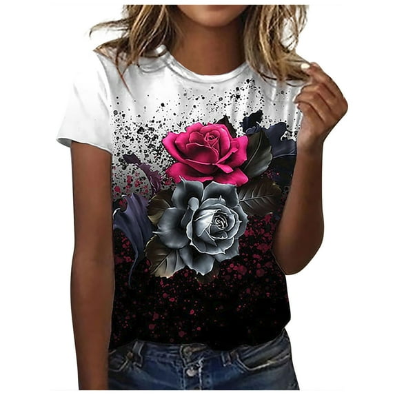 Dyegold Vintage Tees For Women Floral Print Short Sleeve Crewneck Tops Shirts Plus Size Retro Graphic Tshirts Casual Blouse