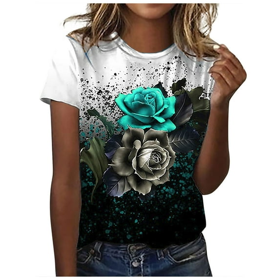 Dyegold Vintage Tees For Women Floral Print Short Sleeve Crewneck Tops Shirts Plus Size Retro Graphic Tshirts Casual Blouse
