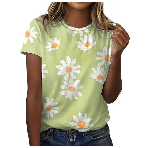 Dyegold Vintage Tees For Women Floral Print Short Sleeve Crewneck Tops Shirts Plus Size Retro Graphic Tshirts Casual Blouse
