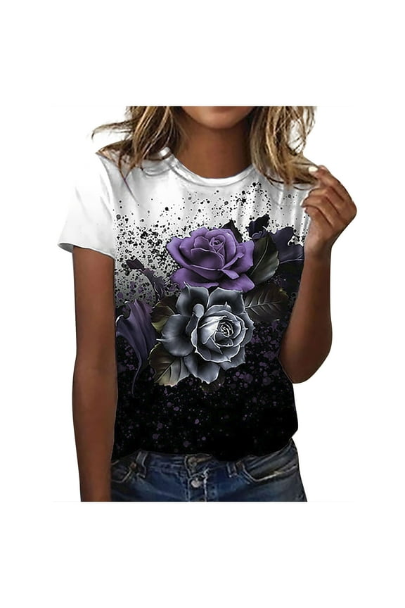 Dyegold Vintage Tees For Women Floral Print Short Sleeve Crewneck Tops Shirts Plus Size Retro Graphic Tshirts Casual Blouse