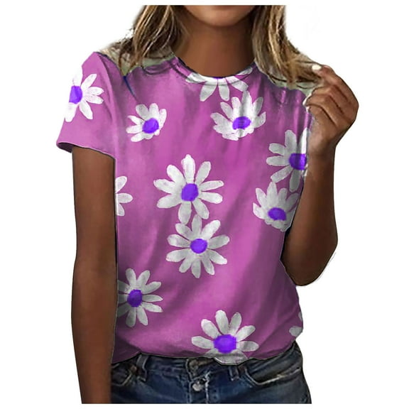 Dyegold Vintage Tees For Women Floral Print Short Sleeve Crewneck Tops Shirts Plus Size Retro Graphic Tshirts Casual Blouse