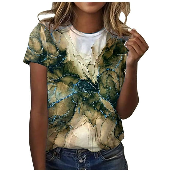 Dyegold Vintage Tees For Women Floral Print Short Sleeve Crewneck Tops Shirts Plus Size Retro Graphic Tshirts Casual Blouse