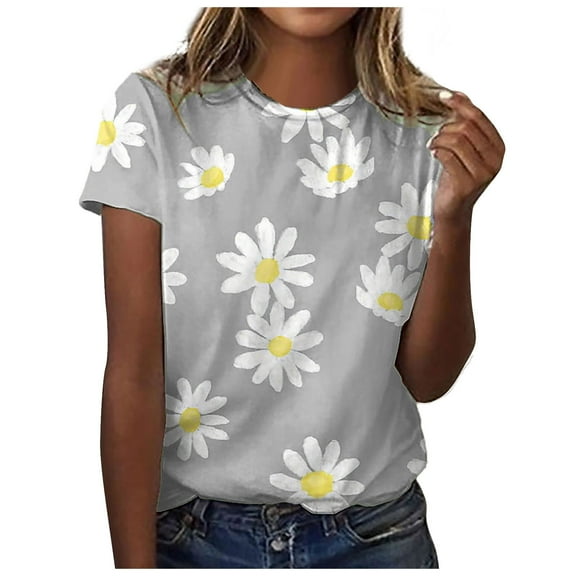 Dyegold Vintage Tees For Women Floral Print Short Sleeve Crewneck Tops Shirts Plus Size Retro Graphic Tshirts Casual Blouse
