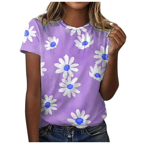 Dyegold Vintage Tees For Women Floral Print Short Sleeve Crewneck Tops Shirts Plus Size Retro Graphic Tshirts Casual Blouse