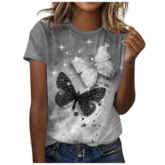 Dyegold Printed T Shirts For Women Short Sleeve Round Neck Vintage Graphic Tee Shirts Summer Casual Loose Fit Tops Blouses